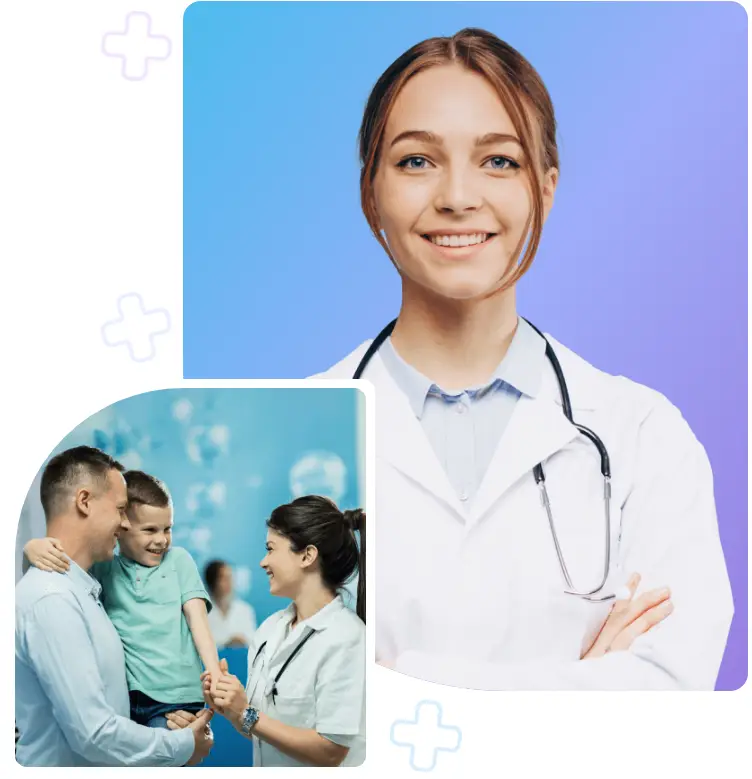 A Female Doctor Smiling And A Family With A Child At A Clinic