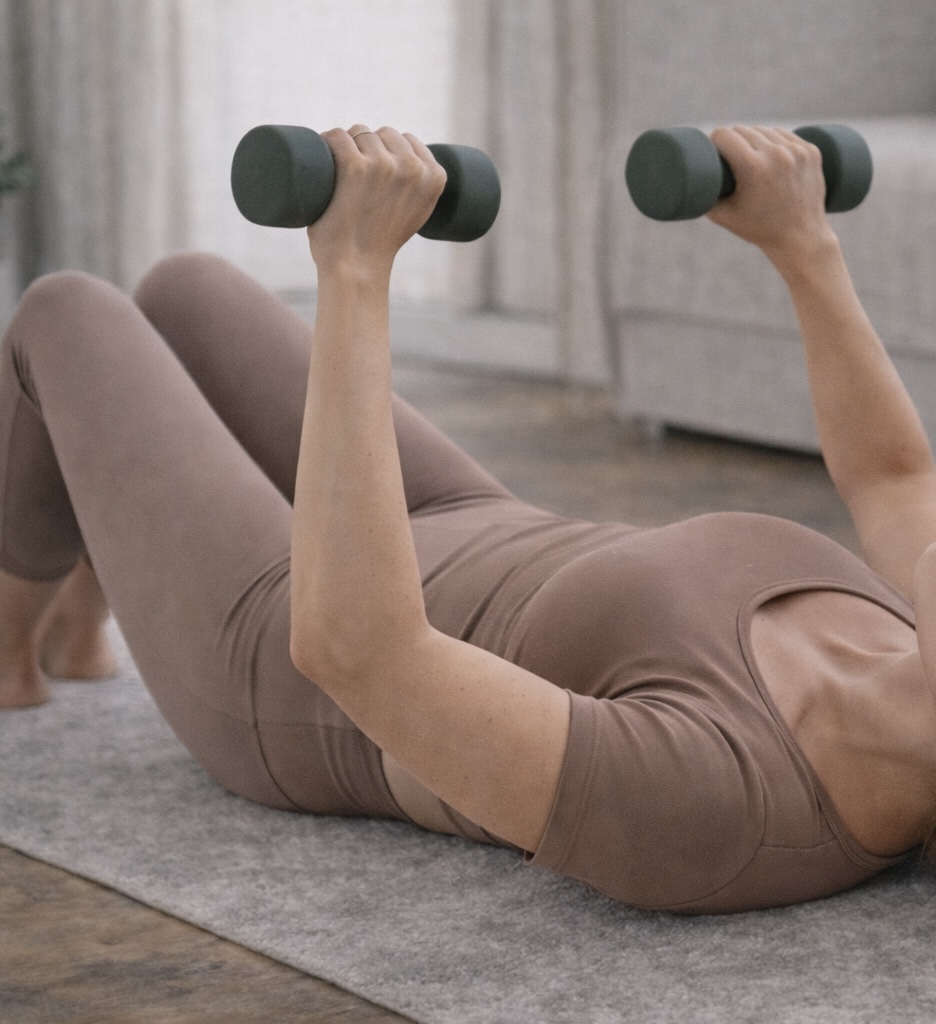 Person doing a guided strength exercise with dumbbells at home